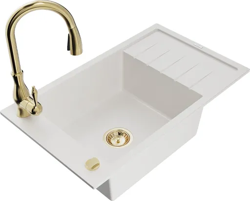 MEXEN/S Elias granitový dřez 1-miska s odkapávačem včetně baterie Savita, bílá 6511-20-672601-50