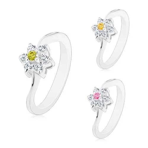 Prsten s úzkými zvlněnými rameny, kvítek s barevným středem - Velikost: 49, Barva: Světle zelená