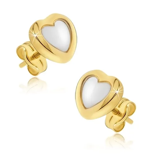 Zlaté náušnice 585 dvoubarevná srdce se zrcadlovým povrchem