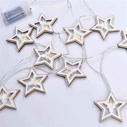 LED vánoční řetěz hvězdy, 10 x LED, dřevo, 1,5 m, 2 x AA