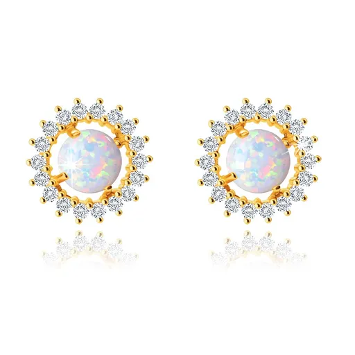 Puzetové náušnice ze žlutého 14K zlata, kvítek, bílý syntetický opál, čiré zirkony