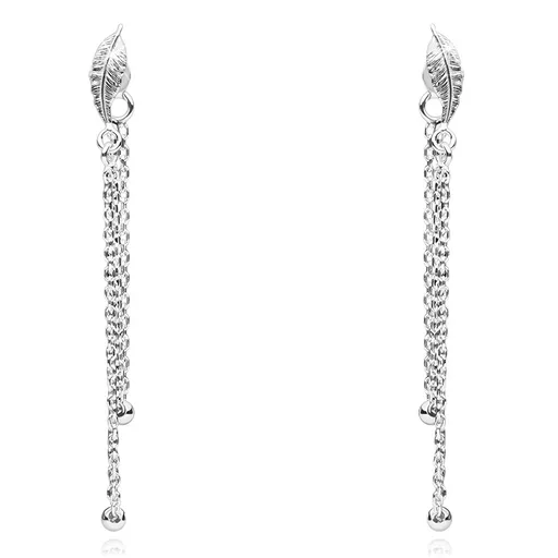 Stříbrné náušnice 925, lístek, řetízek spojený s brzdítkem, kuličky