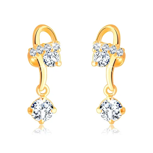 Zlaté náušnice 585 - propletené asymetrické linie, kulaté čiré zirkony