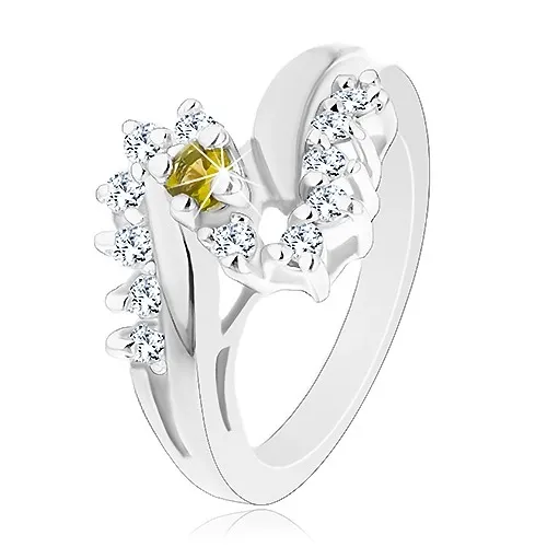 Třpytivý prsten s lesklými rameny, kulatý zirkon v zelenožluté barvě, čirý lem - Velikost: 52