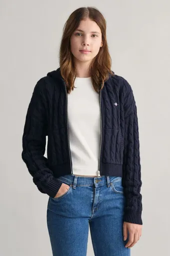 KARDIGAN GANT SHIELD CROPPED CABLE ZIP HOODIE EVENING BLUE
