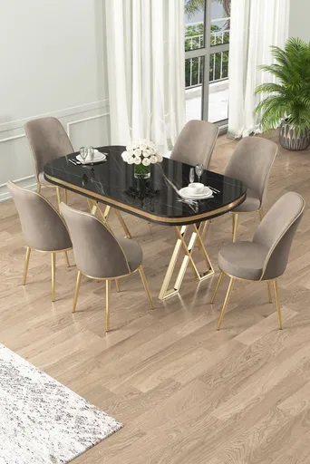 Dining Table & Chairs Set (7 Pieces) Lai - Black Marble, Gold, Cappuccino