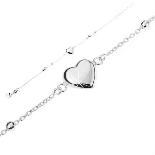 Stříbrný náramek 925, vypouklé lesklé srdíčko, broušené kuličky