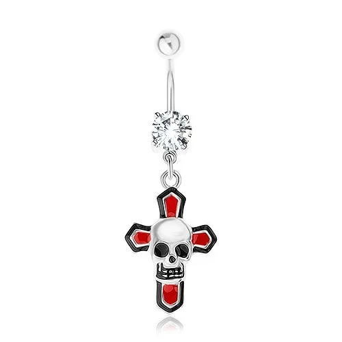 Piercing do pupíku, ocel 316L, glazovaný kříž, čirý zirkon, lebka - svítí ve tmě
