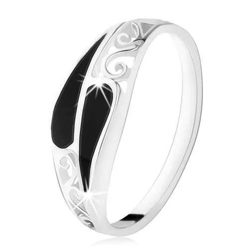 Prsten ze stříbra 925, dvě úzké černé kapky, filigránové zdobení - Velikost: 62
