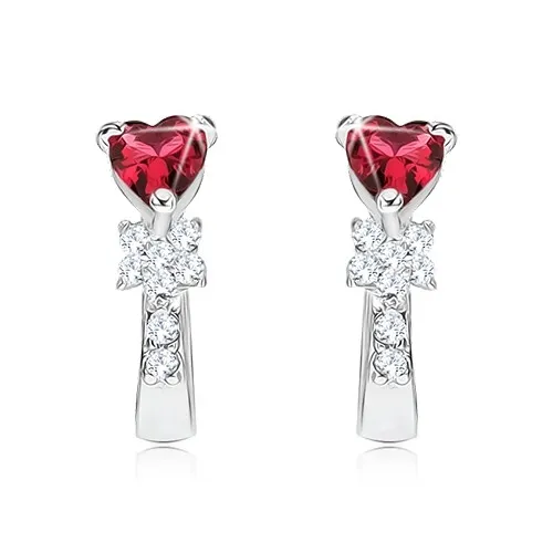 Náušnice ze stříbra 925, červený srdíčkovitý kámen, květ, čiré zirkony