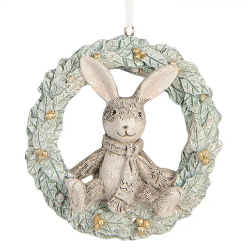 Závěsná dekorace králíček sedící na věnci - 8*3*8 cm Clayre & Eef