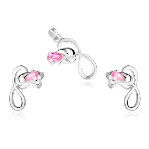 Stříbrná sada 925, náušnice a přívěsek, růže se smyčkou, růžový kamínek