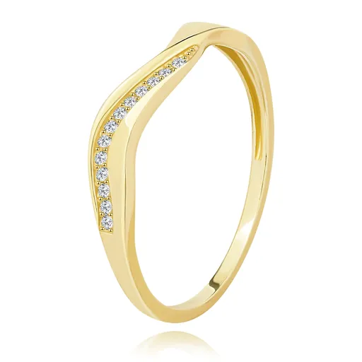 Prsten ze žlutého 14K zlata - vlna se třinácti čirými brilianty - Velikost: 56