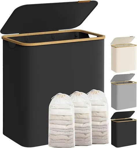 Koš na prádlo 150L se 3 přihrádkami, černý, bambusový rám