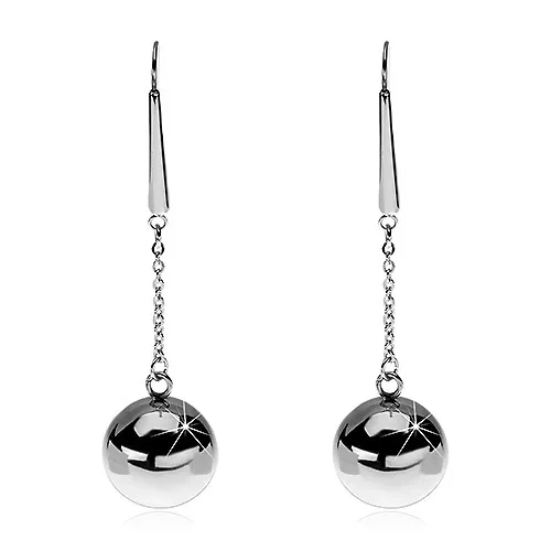 Náušnice z oceli 316L - stříbrná barva, visící koule na řetízku