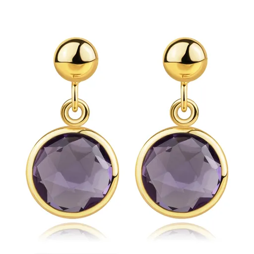 Náušnice ze 14K žlutého zlata - kulička, ametyst v hladké obrubě, puzetky