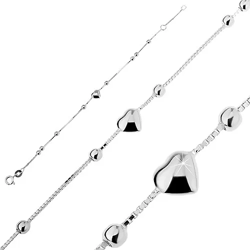 Stříbrný náramek 925 - vypouklé srdíčko s kuličkami