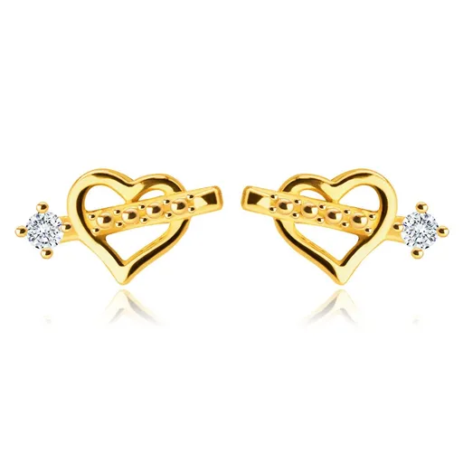 Diamantové náušnice ze 14K žlutého zlata - srdíčko se šípem, briliant v kotlíku