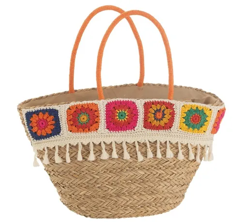 Plážový košík s háčkovaným květovaným okrajem Croche - 59*18*30 cm J-Line by Jolipa