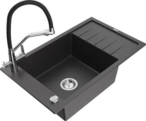 MEXEN/S Elias granitový dřez s odkapávačem včetně baterie Duo, černá kropenatá 6511-76-671701-07