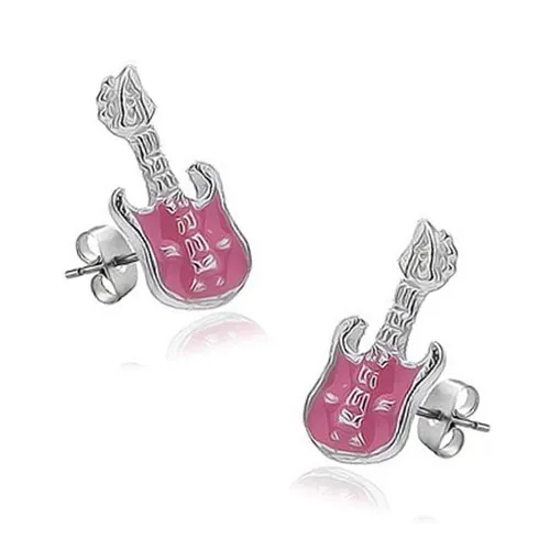 Náušnice ze stříbra 925 - kytara s růžovou lesklou glazurou