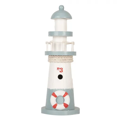 Bílo-modrá dřevěná dekorace maják Lighthouse Nautic - Ø 8*22 cm Clayre & Eef