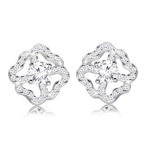 Puzetové náušnice ze stříbra 925 - čirý blýskavý obrys květu, kulatý třpytivý zirkon