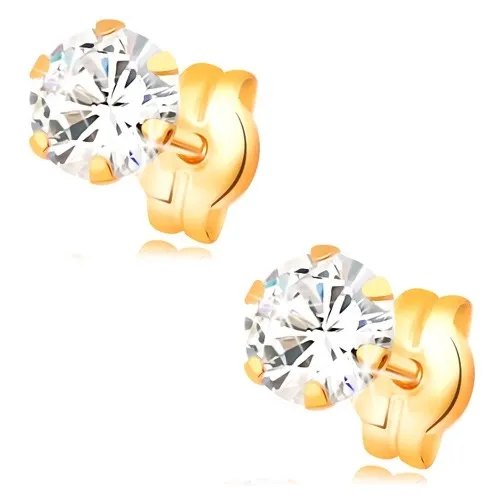 Náušnice ve žlutém 14K zlatě - kulatý zirkon čiré barvy, puzetky, 5 mm
