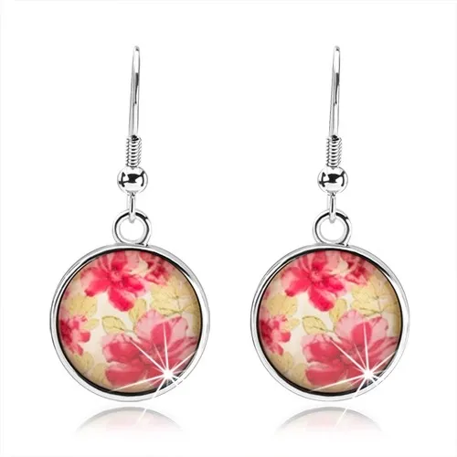 Kruhové náušnice ve stylu kabošon, vypouklé sklo, červené květy, zelené listy