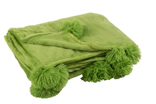 Zelený plyšový pléd s bambulemi Pompom - 130*170*1 cm J-Line by Jolipa
