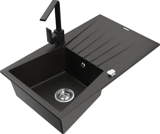MEXEN/S Cesar granitový dřez 1-miska s odkapávačem včetně baterie Rita, černý/zlatý metalik 6514-75-670300-70
