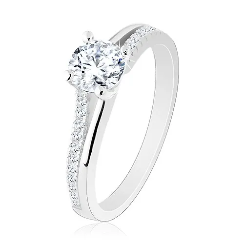 Stříbrný prsten 925, rozdělená ramena s třpytivou polovinou, čirý zirkon - Velikost: 49