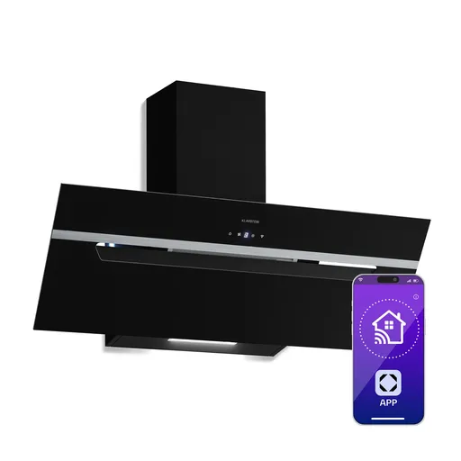 Klarstein BigBite šikmá digestoř | režim odsávání vzduchu a recirkulace | bezpečnostní sklo | 417 m³/h | 90 cm