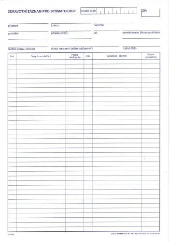 Tiskopis NEM. Zdravotní záznam pro stomatologii dospělí A4 DITIS