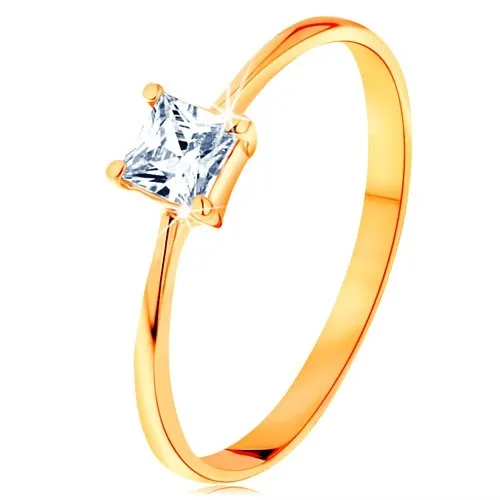 Prsten ve žlutém 14K zlatě - vystupující zirkonový čtverec, hladká úzká ramena - Velikost: 48