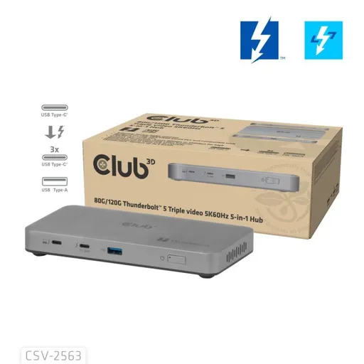 Club3D hub Thunderbolt 5 5v1, 3x USB-C TB5, 1x USB-A, 1x8K60Hz, 3x 5K60Hz, certifikace Thunderbolt Share, 180W