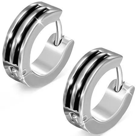 Kloubové náušnice, ocel 316L, kruhy stříbrné barvy, černé proužky