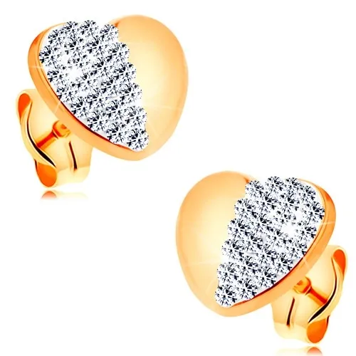 Náušnice ve žlutém 14K zlatě - lesklé pravidelné srdíčko se třpytivou polovinou