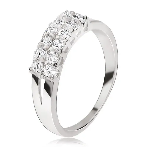 Prsten ze stříbra 925 - rozdvojená ramena, dva pásy čirých zirkonů - Velikost: 67