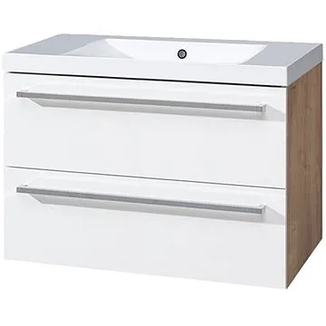 Bino koupelnová skříňka, umyvadlo litý mramor, 80 cm, bílá/dub, 2 zásuvky (CN671M)