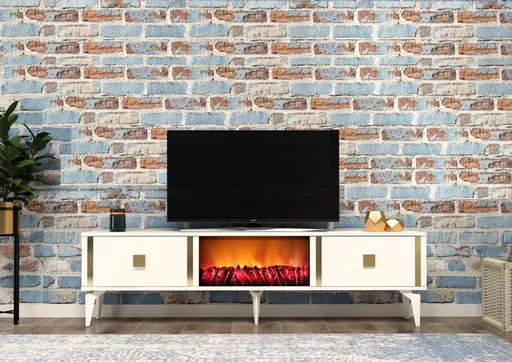 TV stolek Doruk Fireplace - White, Gold