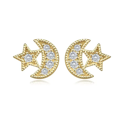 Náušnice ze 14K žlutého zlata - spojená silueta měsíce a hvězd, kubické zirkony