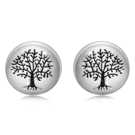 Stříbrné 925 náušnice - hladký kroužek, černý strom života, puzetové zapínání