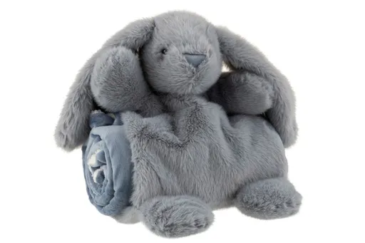 Šedý plyšový králíček s plyšovou dečkou - 30*20*19 cm J-Line by Jolipa