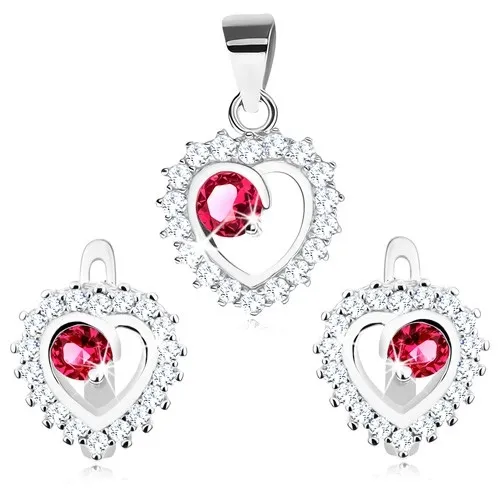 Stříbrný 925 set - náušnice a přívěsek, čirý obrys srdce, kulatý růžový zirkon