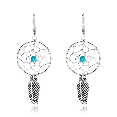 Visací náušnice ze stříbra 925, světle modrý korálek, lapač snů, 20 mm