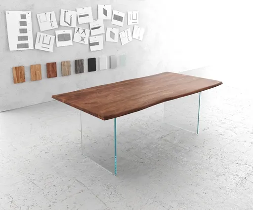 Jídelní stůl Edge 200x100 cm akácie hnědá skleněná podnož