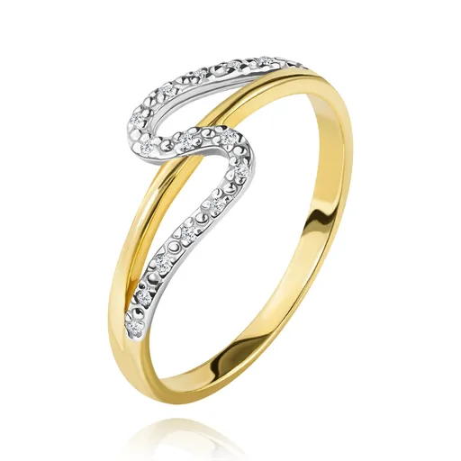 Diamantový prsten ze 14K zlata, rovné a zvlněné rameno, drobné čiré diamanty - Velikost: 49