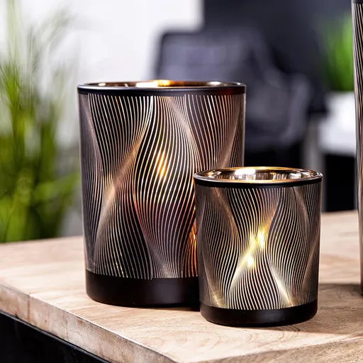 Gilde Skleněný svícen Lines, černo-zlatý, 12,5 cm