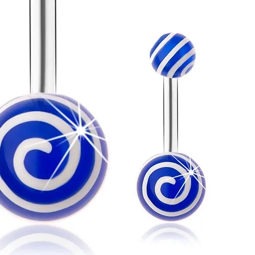 Piercing do bříška, ocel 316L, stříbrný odstín, modré kuličky, bílé spirály